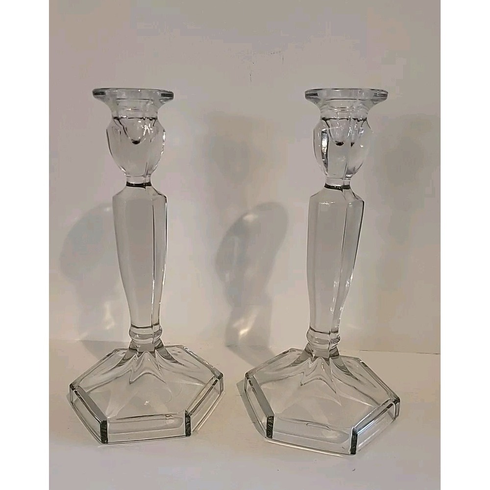 2 Glass Candle Holders Centerpiece Craft Art 8.5" Tall Elegant Classsic Collect